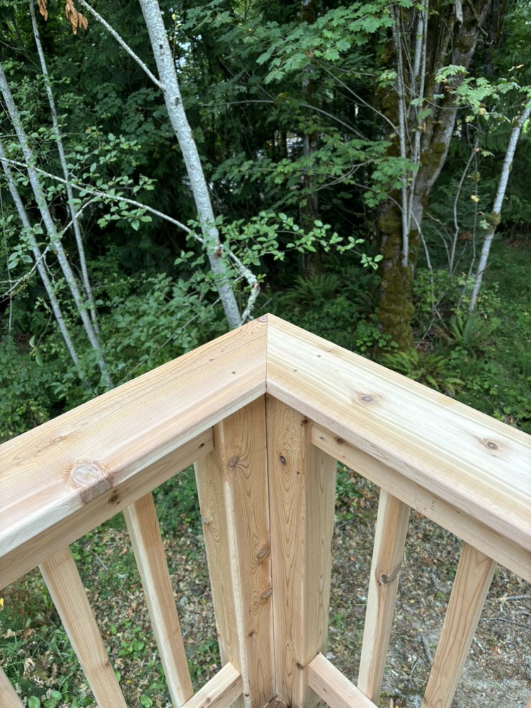 Close-up of deck railing joint detail showing precision craftsmanship
